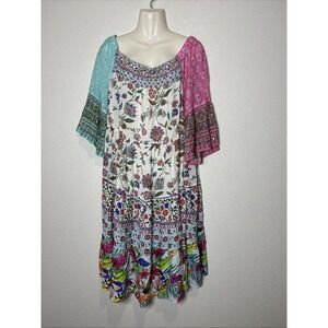 Ruby Yaya Floral Print Tiered Dress Off Shoulder Bell Sleeve Bohemian Size Large